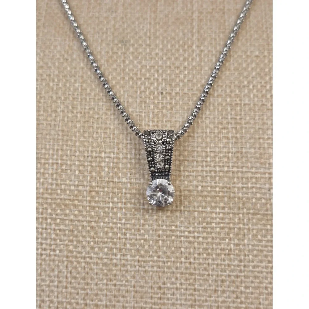 Vintage‎ Sterling Silver Marcasite & CZ Pendant 16